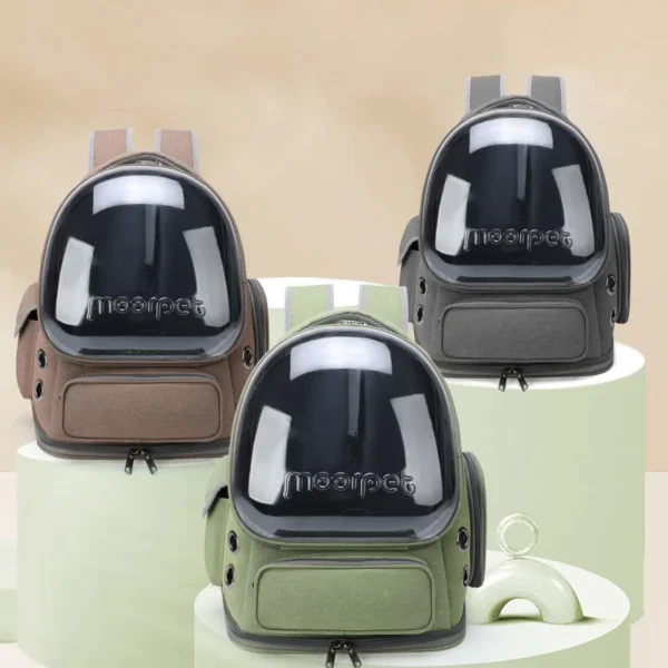 Three stylish pet carrier backpacks in brown, gray, and green, featuring a transparent dome design for visibility and comfort. Ideal for pet owners looking for a functional and trendy way to transport their pets.