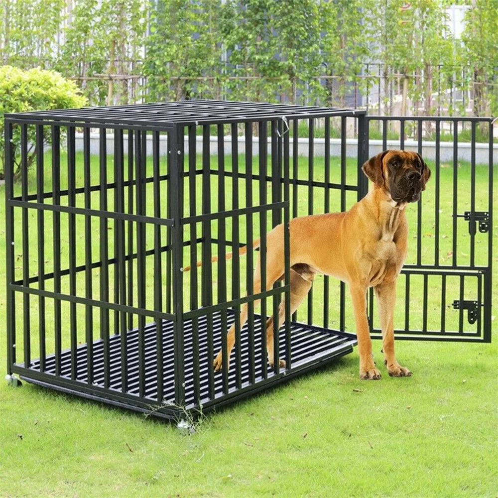 XXL Large Heavy Duty Dog Crate Strong Pet Cage Tear Resistant Square Tube Metal Kennel Playpen with Lockable Wheels and Tray Kf S9eec39b3d2d24cc8b5e00fd05a40d333B